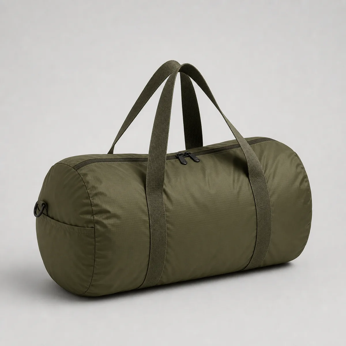 Olive packable duffel with soft travel-bag shape